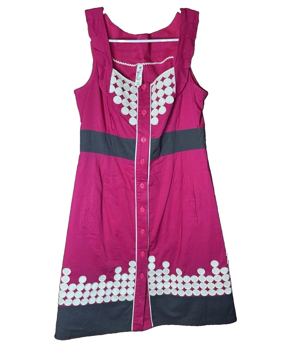 Anthropologie Floreat Dress 8 Magenta Embroidered Button Front Retro Fit & Flare
